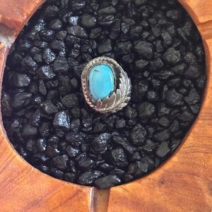 Vintage Native American Navajo Turquoise & Sterling‎ Leaf Ring Patina Sz6